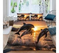 Dolphin Sunset Super King Size Duvet Cover Sets 3D Printed Microfiber Marine Animals Bedding Set Ultra-Soft Quilt Cover 260 x 220 cm with Zipper Closure and 2 Pillowcases 50x75 cm e.2070