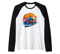 Dolphin Surfing Sea Ocean Animal Sunset Sea Ocean Dolphin Raglan Baseball Tee