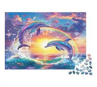 Dolphin Thick Paper Dolphins Jumping over Rainbow at Sunset Jigsaw Puzzle Bundle Educational Toy for Kids 52x38cm/1000pcs