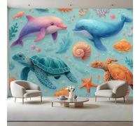 Dolphin Turtle Kids Room Canvas Peel and Stick Wall Mural Ocean Animal Large Removable Self-Adhesive Wallpaper Decor for Nursery Boy Girl Bedroom 400x280 cm