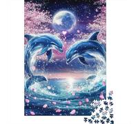 Dolphin Under Moonlight 1000 Piece Jigsaw Puzzle Paper Puzzle Game for Adults Fantasy Floral Night Relaxation Home Decor Focus 38x26cm/1000pcs