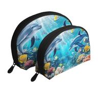 Dolphin Underwater World Printed Makeup Bags 2-Piece Portable Shell Travel Toiletry Bag