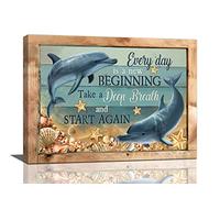 Dolphin Wall Art Ocean Bathroom Decor Pictures Seashell Starfish Canvas Print Painting Modern Home Decorations Framed Artwork For Living Room Bedroom 12"X16"