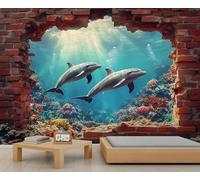 Dolphin Wall Mural, Ocean Theme Mural, Underwater World Wallpaper for Living Room Bedroom, Ocean Dolphin Wall Wallpaper - 100x70cm (Not Peel n' Stick)