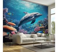 Dolphin Wallpaper - Ocean Underwater Sea Animal Wall Paper, Dolphin Home Decor, Non-Woven Waterproof Print Wallpapers for Bedroom Living Room, Feature Walls Mural 450x315 cm - Jhd18