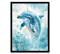 Dolphin Wave Jump Watercolour Light Blue Sea Framed Art Print Artery8 Blue W12 inch x H16 inch