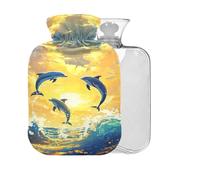 Dolphin Wave Sunny Yellow Pattern Hot Water Bottle with Cover 2L Large Warm Water Bag for Pain Relief Cramps