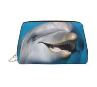 Dolphin with A Smile Leather Makeup Bag, Large-Capacity Travel Storage Bag, Dual-Purpose Toiletries and Makeup Bag