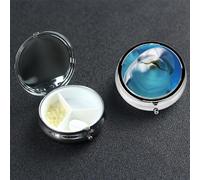 Dolphin with a Smile Pill Box with Mirror 3 Compartment Decorative Pill Case for Purse or Pocket Small Round Pill Organizer Weekly Metal Medicine Tablet Vitamin Holder Travel Gift
