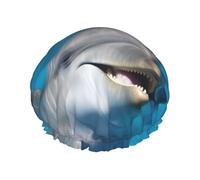 Dolphin with a Smile Shower Cap Reusable Waterproof Shower Bonnet for Women Men Elastic Band Bath Hair Hat Double Layered Washable Bath Cap for All Hairstyles, Travel-Friendly