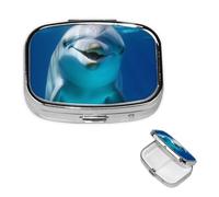 Dolphin with Smile Square Metal Pill Box 2 Compartment Cute Travel Pill Organizer Case Portable Medicine Vitamin Organizer Pill Case for Women Men Travel Unique Gift
