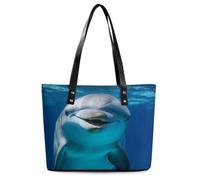 Dolphin With Smile Tote Bag Large Soft Leather Purse with Zipper Lightweight Ladies Shoulder Handbag