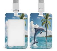 Dolphins and Palm Trees Badge Holder Waterproof Plastic ID Card Badge Holders with Lanyard Vertical Card Case Protector Pouch Clear Window Work Badges for Women Men
