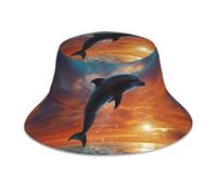 Dolphins and Palm Trees Bucket Hat Reversible Double-Side-Wear Beach Sun Hat Unisex Fishing Hat Caps Black, Black, One size