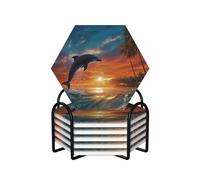 Dolphins and Palm Trees Coasters Set of 6 Ceramic Coaster with Holder Absorbent Coasters for Drinks Heat Resistant Coffee Table Coasters Cup Pad for Kitchen Office Home Decoration