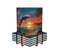 Dolphins and Palm Trees Coasters Set of 6 Ceramic Coaster with Holder Absorbent Coasters for Drinks Heat Resistant Coffee Table Coasters Cup Pad for Kitchen Office Home Decoration