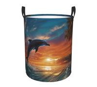 Dolphins and Palm Trees Laundry Hamper with Handle Waterproof Collapsible Laundry Basket Circular Dirty Clothes Hamper Lightweight Storage Basket for Bathroom Bedroom Car Small