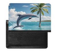 Dolphins And Palm Trees Passport Holder with Card Slots Portable Passport Cover Compact Waterproof Passports Protector