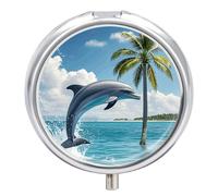 Dolphins and Palm Trees Pill Box 3 Compartment Round Metal Pill Organizer Portable Mini Travel Medicine Case with Mirror Cute Medicine Container Holder for Pocket Purse