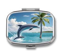 Dolphins and Palm Trees Pill Case Travel Portable Pocket Pill Box 2 Compartment Medicine Case Large Capacity Daily Pill Cases Vitamin Organizer Medicine Organizer Small Pill Box