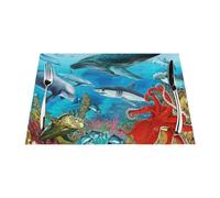 Dolphins and Sea Turtle Printed PVC Placemats 6 PCS Set - Heat Resistant Non-Slip Placemat for Dining Room, Indoor Outdoor Woven Table Mats for Kitchen Decor, Housewarming Gift