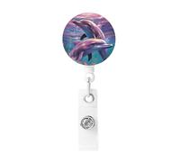 Dolphins Art Badge Reel Retractable Badge Holder with Keychain Id Clips for Badges Lightweight Plastic Name Card Holders for Nurses Office Teacher