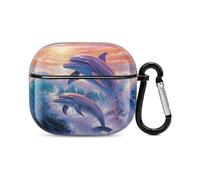 Dolphins Art Bluetooth Earbuds Case Cover Full Body Shockproof Protection Hard Case Support Wireless Charging with Keychain Personalized Gift for AirPods 3
