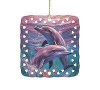 Dolphins Art Ceramic Christmas Ornaments Rustic Square Xmas Tree Pendant Decor with Hanging String Personalized Double-Sided Holiday Party Ornament for Xmas Gifts