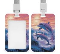 Dolphins Art ID Badge Holder with Lanyard Vertical Badge Reel Clip Durable Clear Window Name Tag ABS Plastic Push-Pull Design ID Card Holder for Office, Nurses, Employees