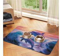 Dolphins Art Pet Feeding Mat Absorbent Pu Leather Dog Cat Food Mats Contain Spills Protects Floors, Anti-Slip Rubber Backing Dog Bowl Mats Easy Clean Pet Placemats 40x60cm
