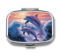 Dolphins Art Pill Box 2 Compartment, Portable Pill Case with Mirror for Pocket Purse Travel, Mini Metal Medicine Organizer for Vitamins Fish Oil