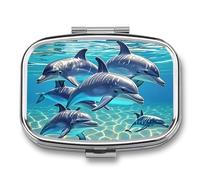 Dolphins Art Pill Box 2 Compartment Square Pill Box for Pocket Purse Portable Travel Medicine Tablet Vitamin Holder Organizer Mini Decorative Pill Case