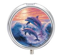 Dolphins Art Travel Pill Box Case 3 Compartment Cute Pill Organizer Metal Pill Holder with Mirror Small Medicine Organizer Daily Pill Container for Purse Pocket Portable Meds Box