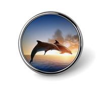 Dolphins at Sunset Badge,Comfort Light in Weight Round Emblem Cute Funny Decor Brooch Smooth Does Not Fade Badges for Hats Jackets Coat Shirt