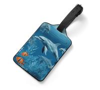 Dolphins Blue Luggage Tag for Suitcase - PU Leather Suitcase Tags with Name ID Card & Adjustable Strap, Durable Scratch-Resistant Travel Bag Tag for Backpacks Gym Bags