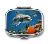 Dolphins Blue Pill Box for Pocket Square Pill Box 2 Compartment Decorative Portable Travel Pill Holder Tablet Vitamin Organizer Mini Pill Case