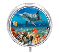 Dolphins Blue Pill Box Medicine Pill Organizer 3 Compartment Daily Pill Case Small Pill Container Round Pill Holder Travel Pill Box Metal Pill Case for Purse Pocket
