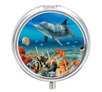 Dolphins Blue Pill Box Round Portable Small Pill Case Waterproof Travel Pill Box Organizer for Pocket Purse and Daily Convenience