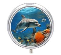 Dolphins Blue Pill Box Waterproof Portable Medicine Pill Case Moisture Proof Metal Travel Pill Box with 3 Compartment Medicine Case