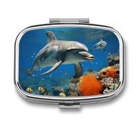 Dolphins Blue Pill Case with 2 Compartment, Pill Organizer Portable Square Pill Box,Vitamin Pill Organizer for Pocket Purse and Travel