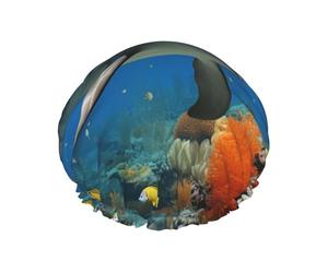 Dolphins Blue Shower Caps for Women Reusable Waterproof Shower Cap with Elastic Strap Bath Hair Hat Double Layers Thick Bath Caps for Spa Salon Travel