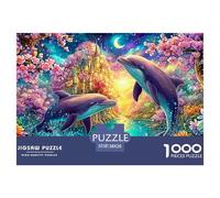 Dolphins, Castle, Moon And Blossoms at Night 1000-Piece Jigsaw Puzzle Dolphin Classic Jigsaw Puzzles for All Ages 38x26cm/1000pcs