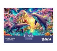 Dolphins, Castle, Moon And Blossoms at Night 1000-Piece Jigsaw Puzzle Dolphin Family Puzzle Game for All Ages 70x50cm/1000pcs