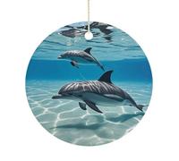 Dolphins Double-Sided Ceramic Christmas Ornaments - Round Hanging Mini Xmas Tree Decorations, Ideas for Farmers, Rustic Home Decor for Indoor Outdoor Tree Decor