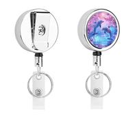 Dolphins Flowers Jumping Cute Retractable Metal ID Badge Holder Reel Clip Keychain for Office Work