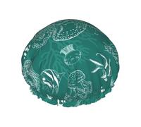 Dolphins Flowers Sea Starfish Coral Seashell Print Shower Cap Reusable Bath Cap Double Layer Bath Hair Caps, Keeps Hair Dry, Fits All Head