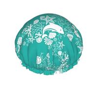 Dolphins Flowers Sea Starfish Coral Seashell Printed Hair Cover, Dual Layer Bathing Cap For Thick Hair, Reusable Headgear For Women