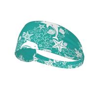 Dolphins Flowers Sea Starfish Coral Seashell Printed Running Headband Women, Foldable Adjustable Width, Non Slip for Workout Washing and Spa