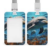 Dolphins ID Badge Holder with Lanyard Vertical Badge Reel Clip Durable Clear Window Name Tag ABS Plastic Push-Pull Design ID Card Holder for Office, Nurses, Employees