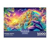 Dolphins in Glowing Waters, Rainbow And Flowers 1000-Piece Jigsaw Puzzle Dolphin Classic & Challenging, Gift for All Ages 38x26cm/1000pcs